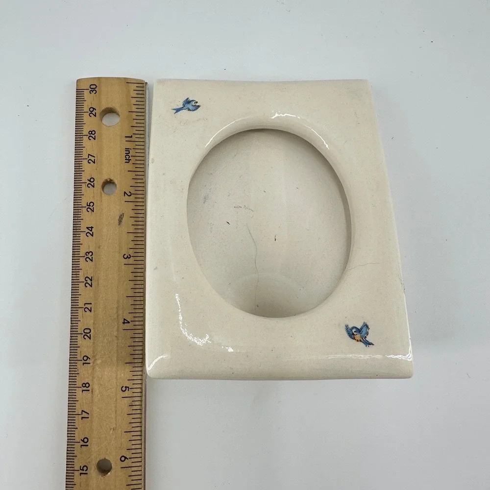 Vintage Style Cream Ceramic Oval Picture Frame with Bluebird Decals 2x3 Photo